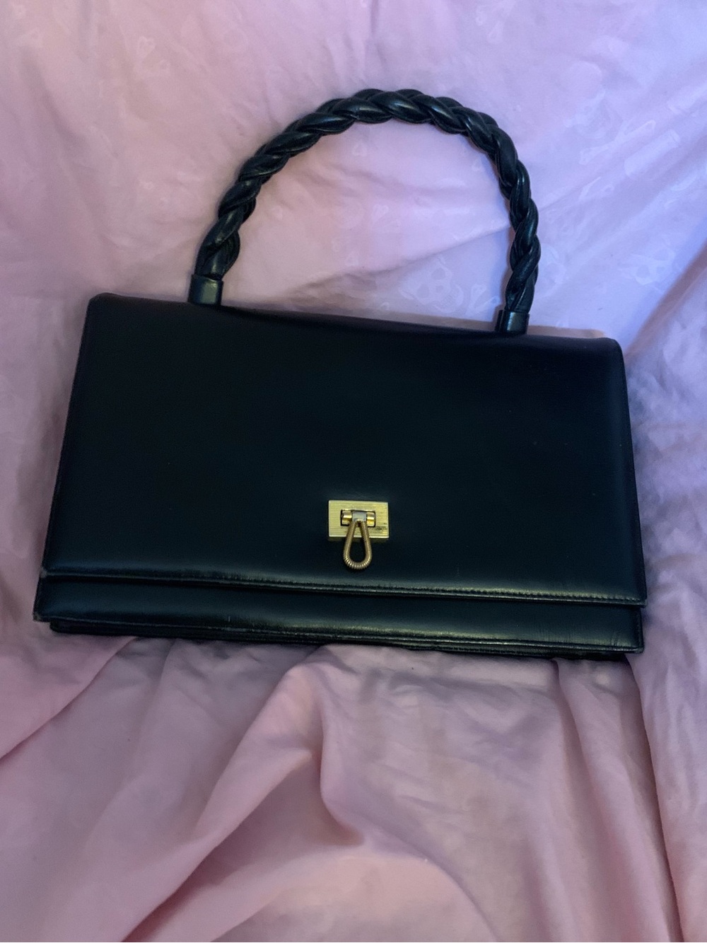 Vintage Bienen Davis Classic Black Leather Shoulder Bag with Braided Handle